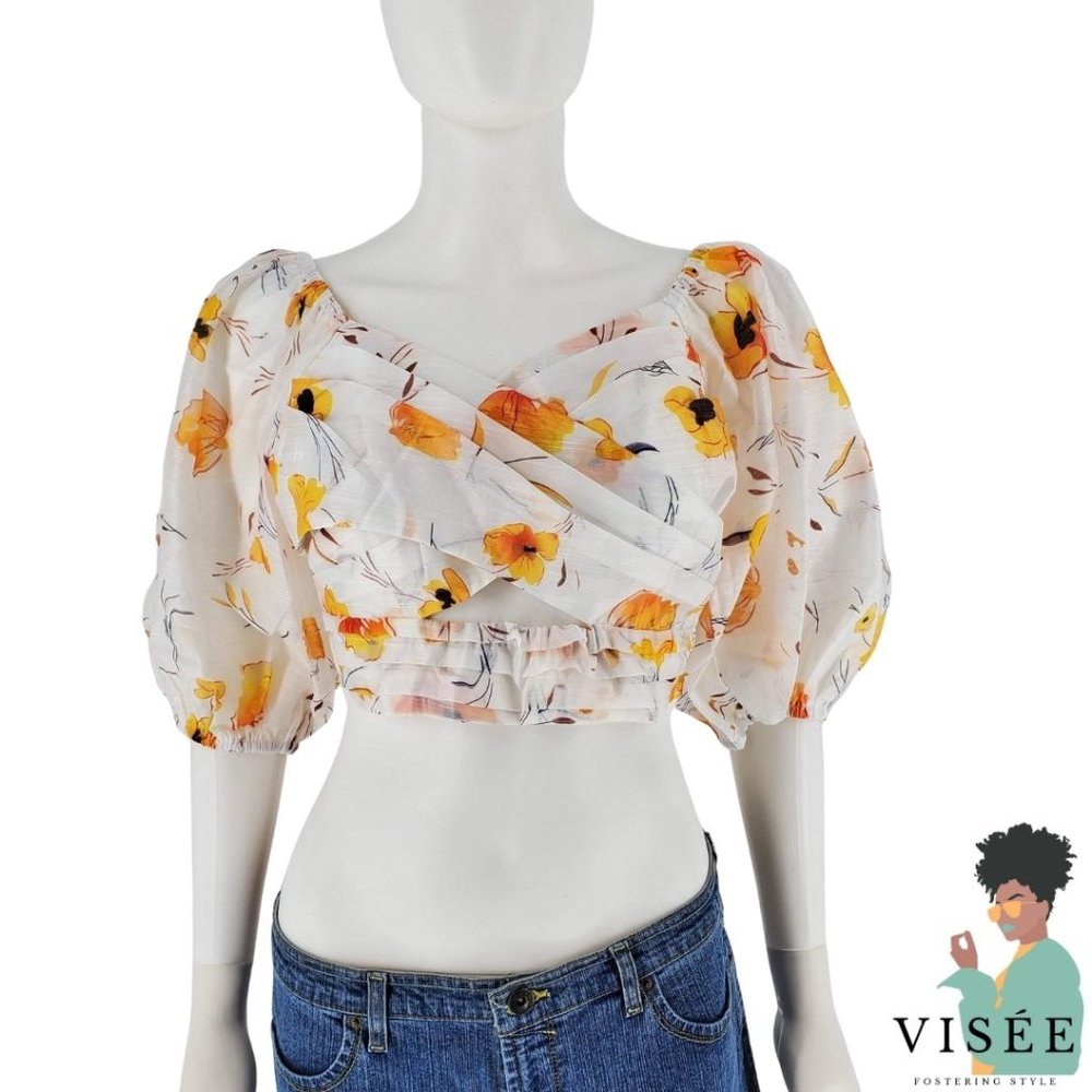 Shop Visee Floral Balloon Sleeve Wrap Crop Top